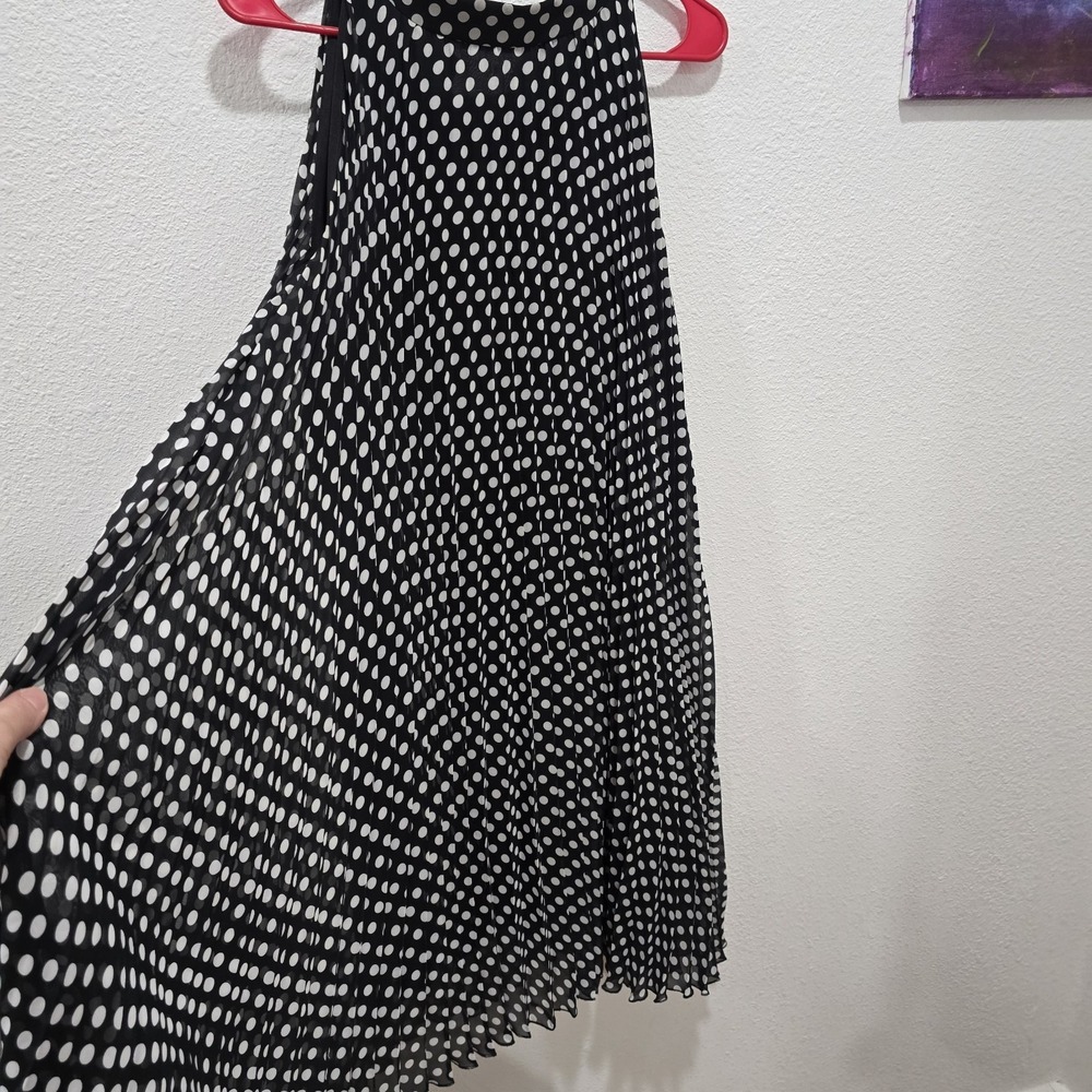 FOREVER Polka‎ Dot Pleated Halter Dress Black White Bow Neck Swing Fits M/L or L